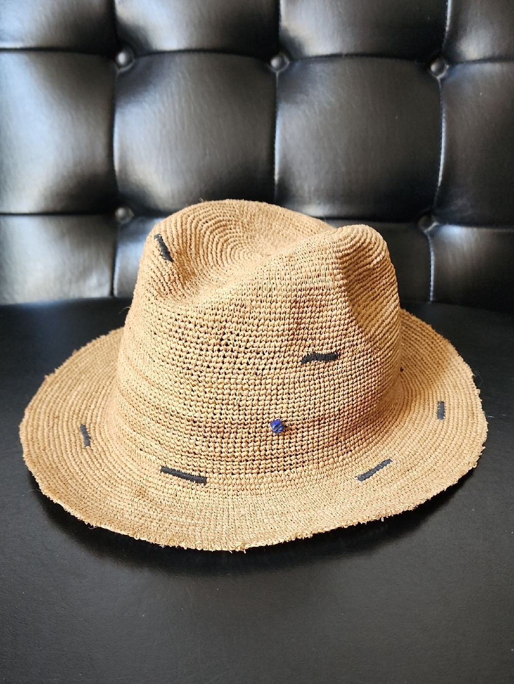 Superduper Straw Rafia Hobo Hat Fedora Made In Italy Tea Black Stone Accent